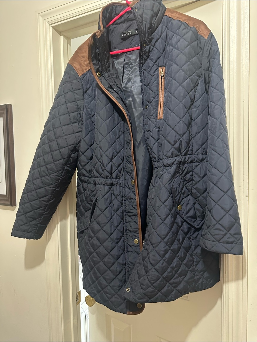 Ralph Lauren Navy Quilted Puffer Jacket with Brown Trim
